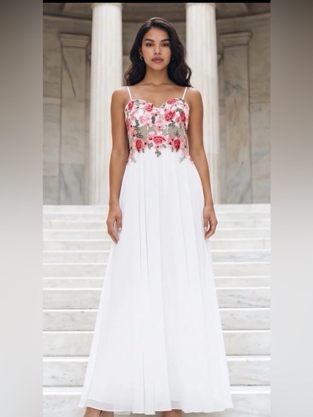 Dave & Johnny Ivory Gown with Pink Rose Embroidery Sequins & Beads